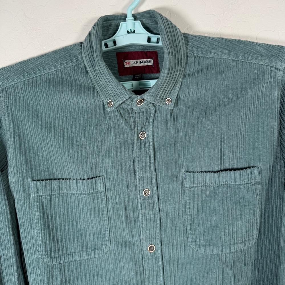 32 Bar Blues Corduroy Shirt Mens Large Green Long Sleeve Button Down Workwear
